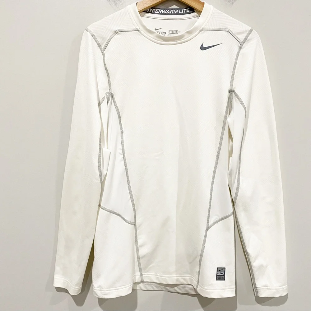NIKE Men’s Pro Combat Hyperwarm Lite Long Sleeve Shirt Fitted White Size Small - Picture 1 of 10